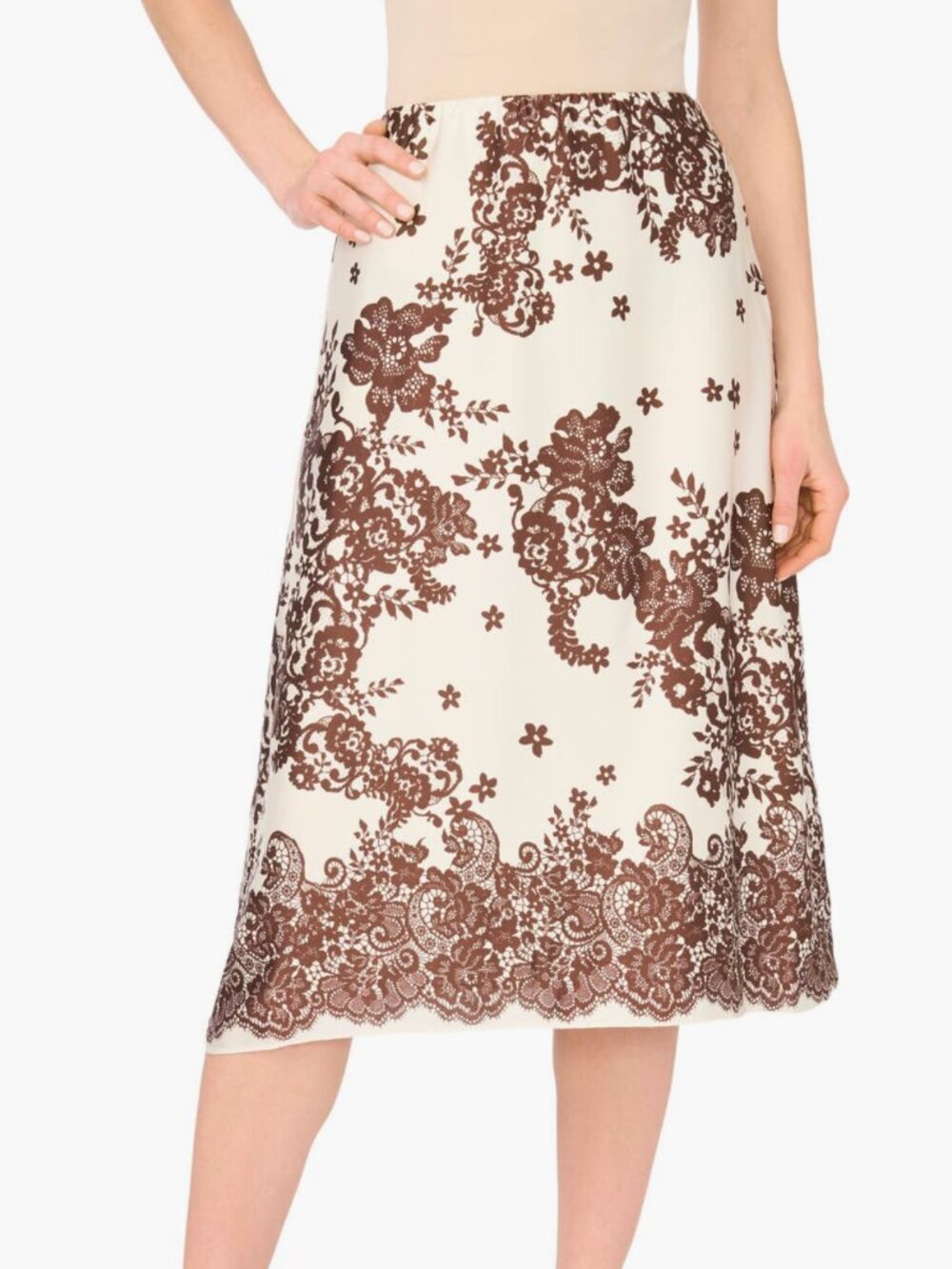 Parker Floral Print Satin Egret Cream Midi Skirt  Brown Floral Lace 4 Small NWT